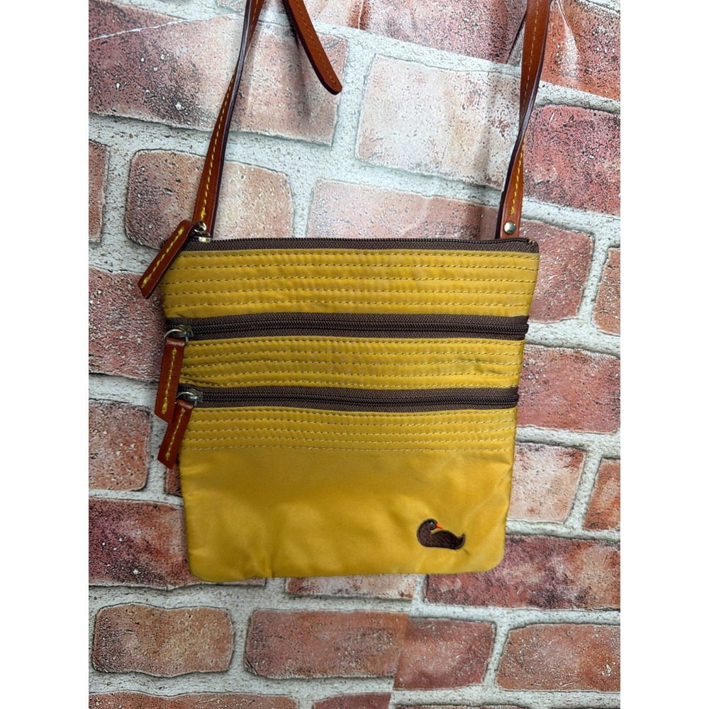 Dooney & Bourke Mustard Yellow Nylon Triple Zip Crossbody Bag Leather Trim Duck
